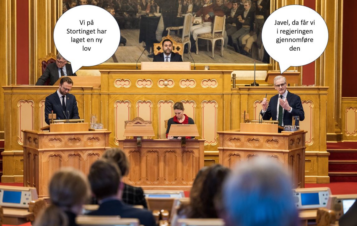 Bilde fra debatt i Stortinget. En representant sier i en snakkeboble: "Vi på Stortinget har laget en ny lov". Statsministeren svarer "Javel, da får vi i regjeringen gjennomføre den."