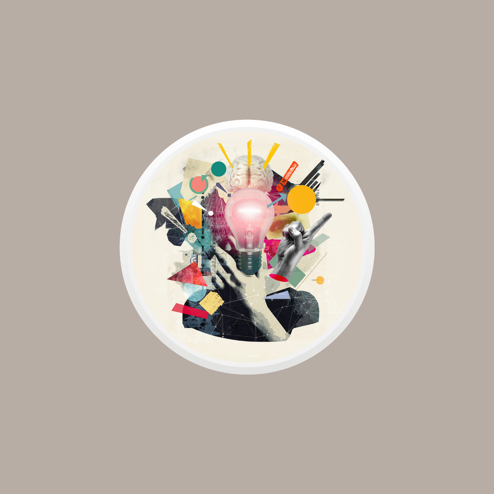 En kollasj med ulike bilder, farger og former.