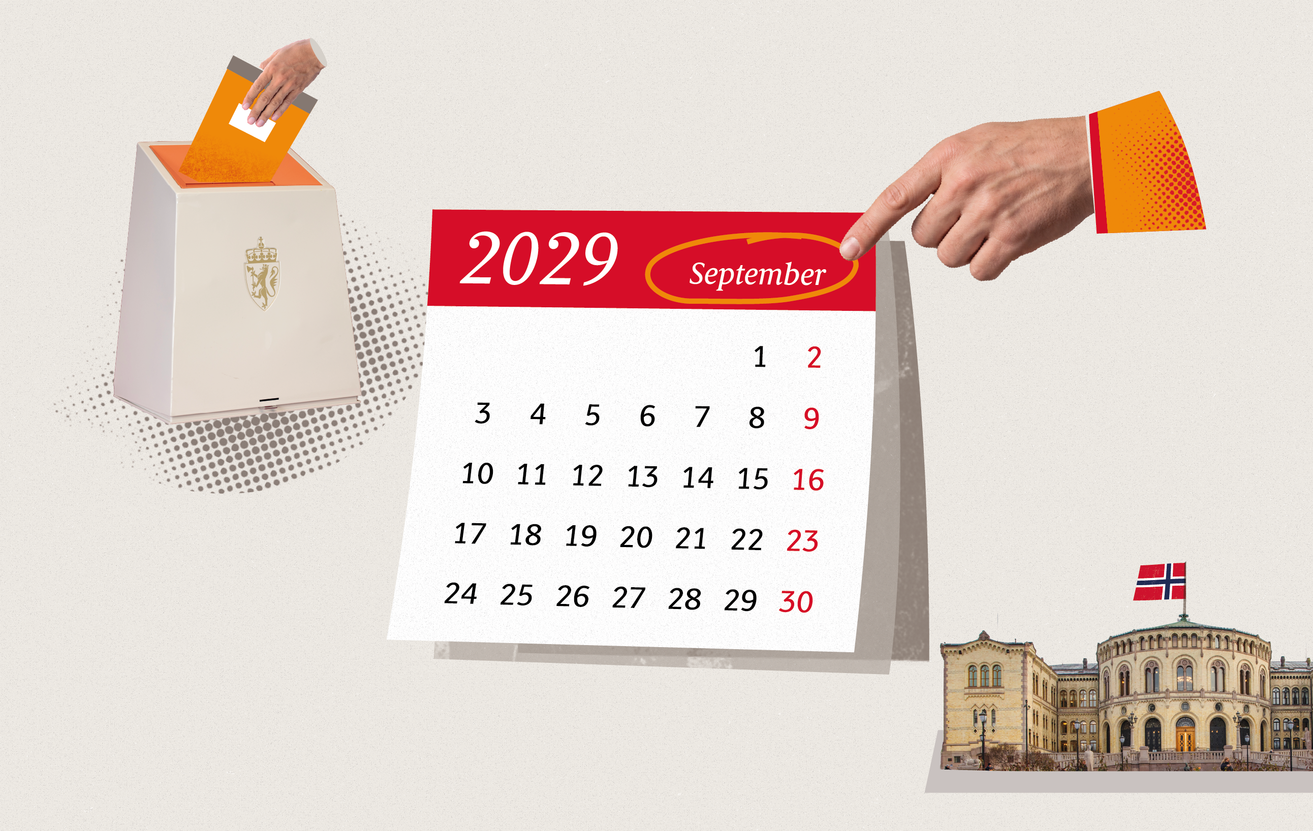 Illustrasjon av en valgurne og stemmeseddel, foto av Stortinget og en kalender over september 2029.