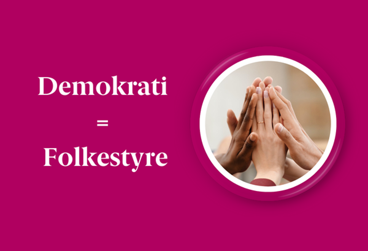 Bilde av hender som støtes mot hverandre. Teksten Demokrati = Folkestyre.