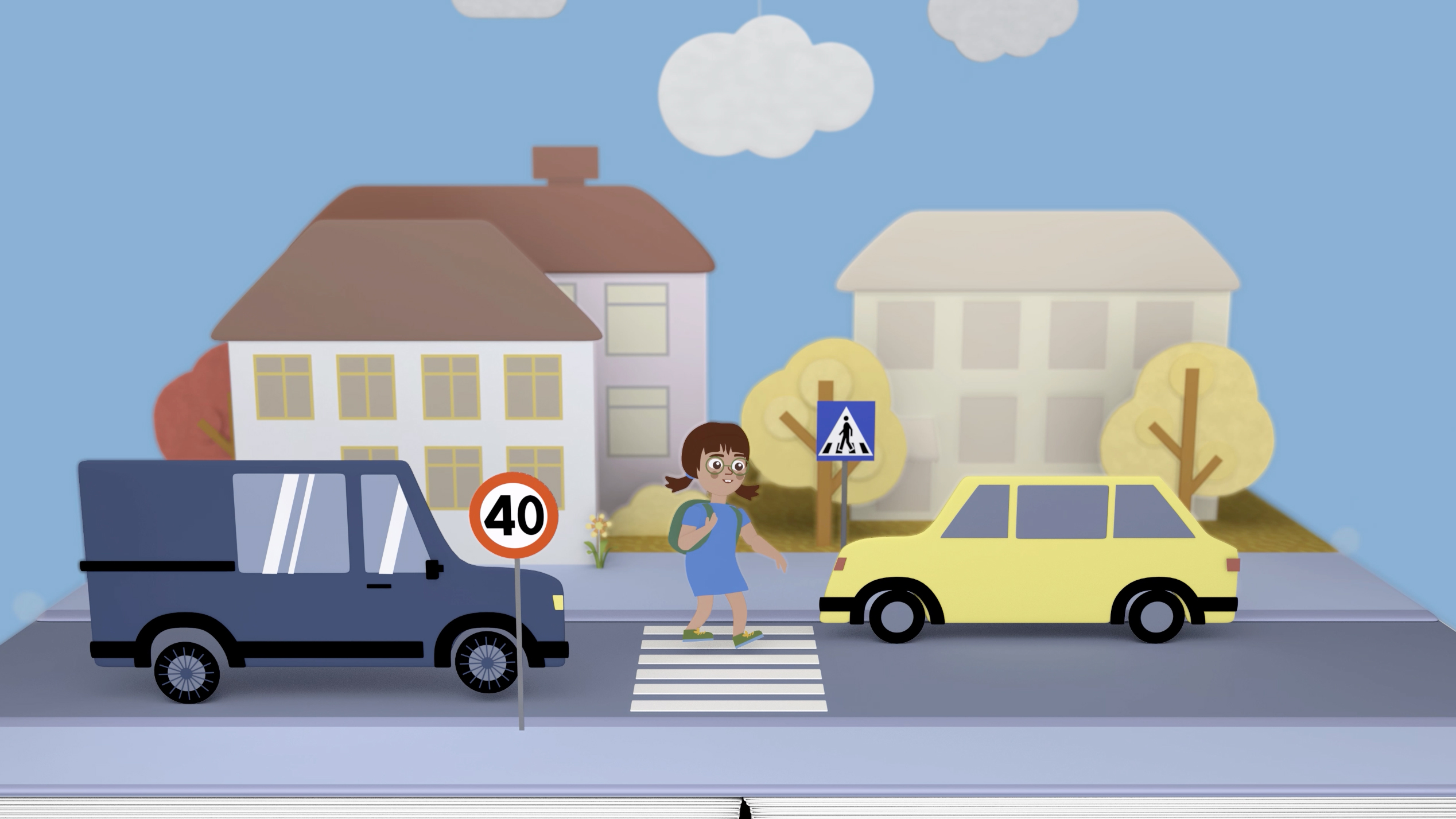 To bilder står på hver sin side av et fotgjengerfelt, hvor de stopper for en jente som går over veien.