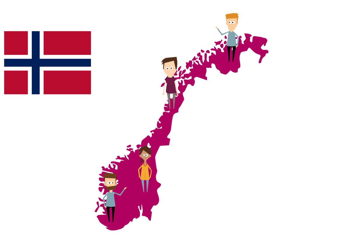 Et Norgeskart, med tegning av fire personer og et norsk flagg på venstre side.