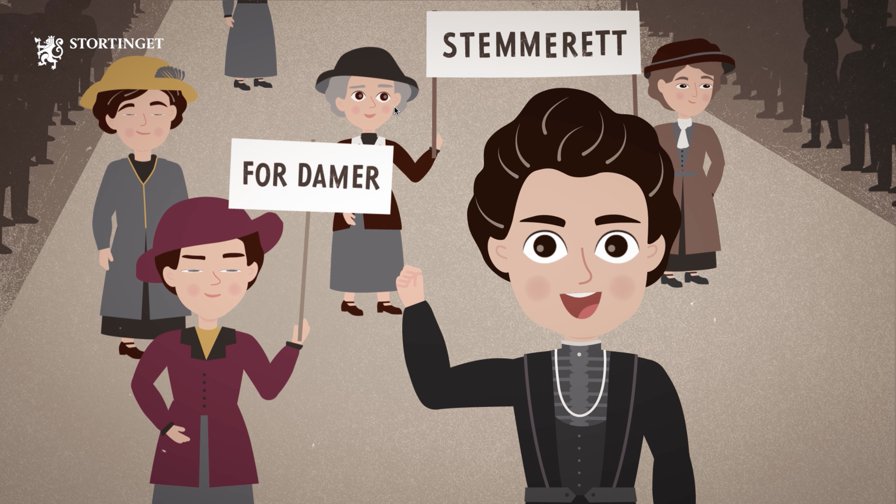 Illustrasjon av fem damer som går i demonstrasjonstog for stemmerett for damer.