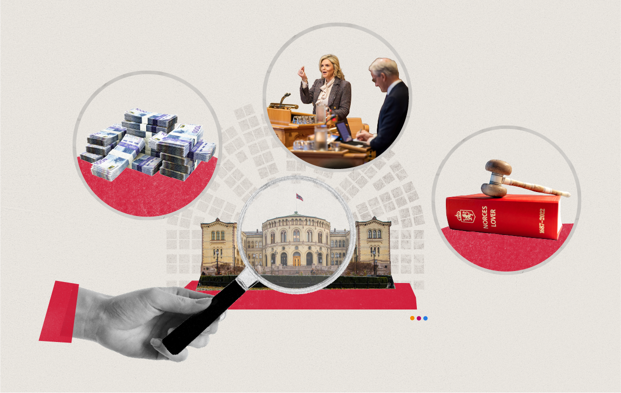 En kollasj med stortingsbygningen i midten. over bygningen holder en hånd et forstørrelsesglass. i tre sirkler rundt ser vi Norges lover, bunker med sedler og Sylvi Listhaug i debatt med statsminister Jonas Gahr Støre. 