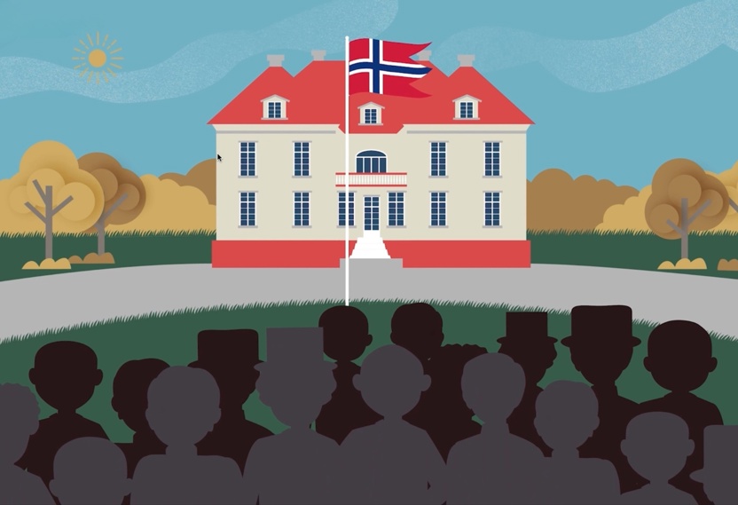 Bilde fra animasjonsfilm. Mange menn står foran Eidsvollsbygningen.