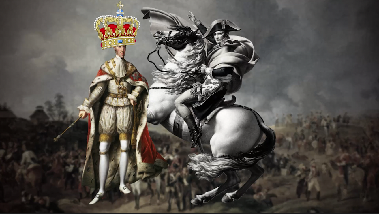 Kollasj av tre malerier. I bakgrunnen er det en kampscene. I forgrunnen er det et maleri av kong Fredrik 6 av Danmark-Norge. Han har kappe og sverd og en påsatt krone. Ved siden av et maleri av Napoleon til hest. 