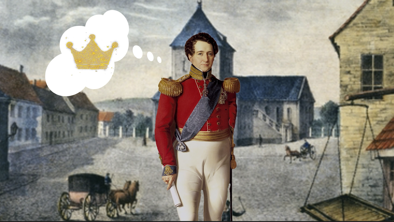 En kollasj med et maleri av et torg i Christiania i bakgrunnen. i Forgrunnen et maleri av den dansk-norske kronprins Christian Frederik i forgrunnen. I en tankeboble er det en gullkrone.