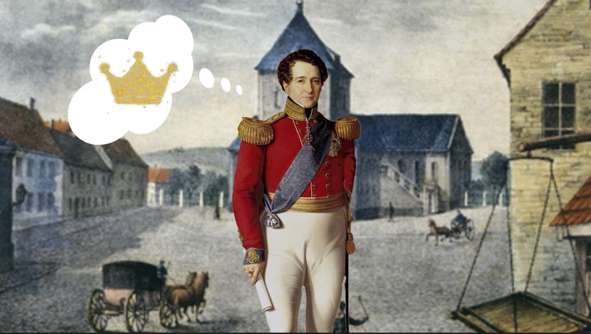 En kollasj med et maleri av et torg i Christiania i bakgrunnen. i Forgrunnen et maleri av den dansk-norske kronprins Christian Frederik i forgrunnen. I en tankeboble er det en gullkrone.