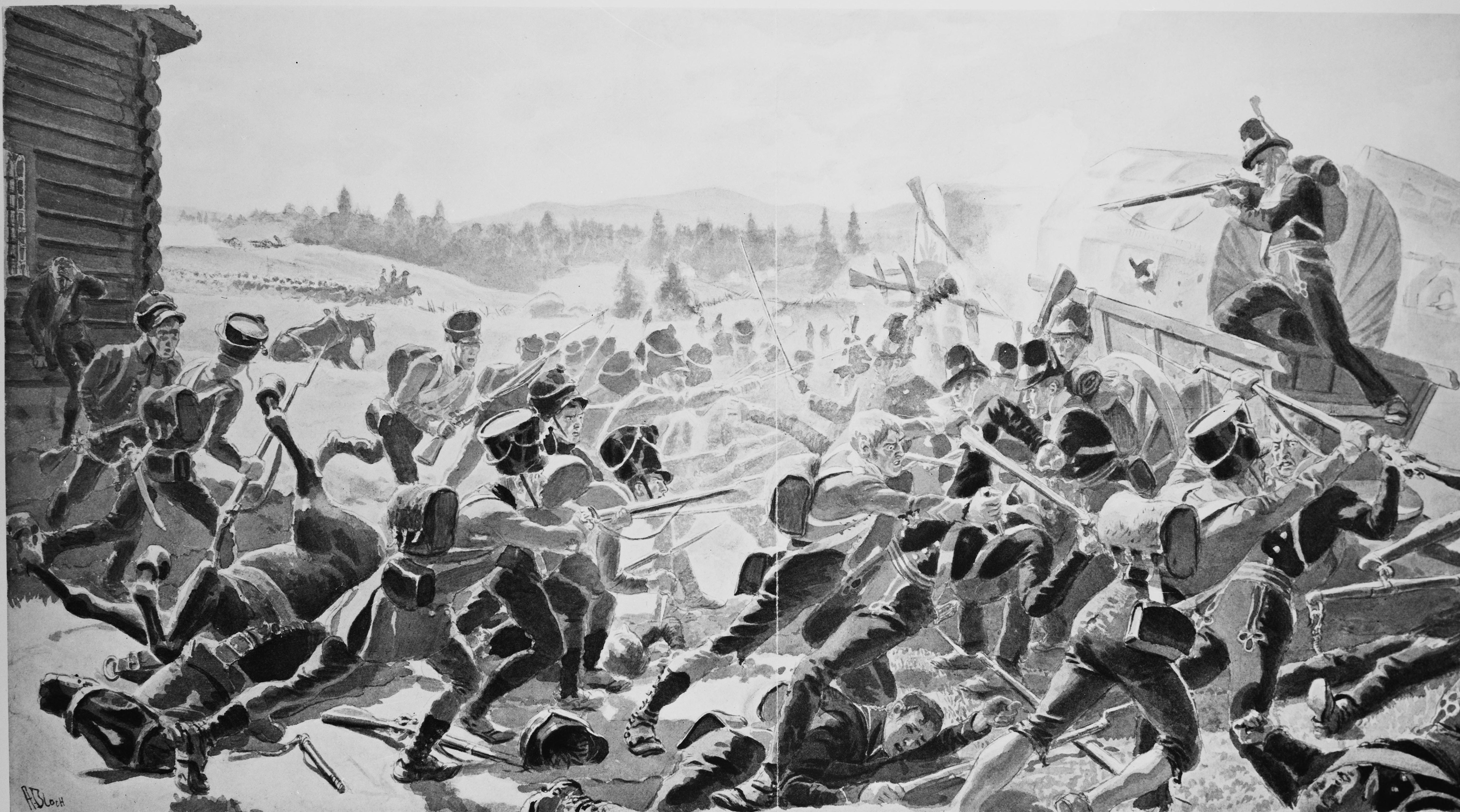 Svart hvitt tegning av et slag med mange soldater.