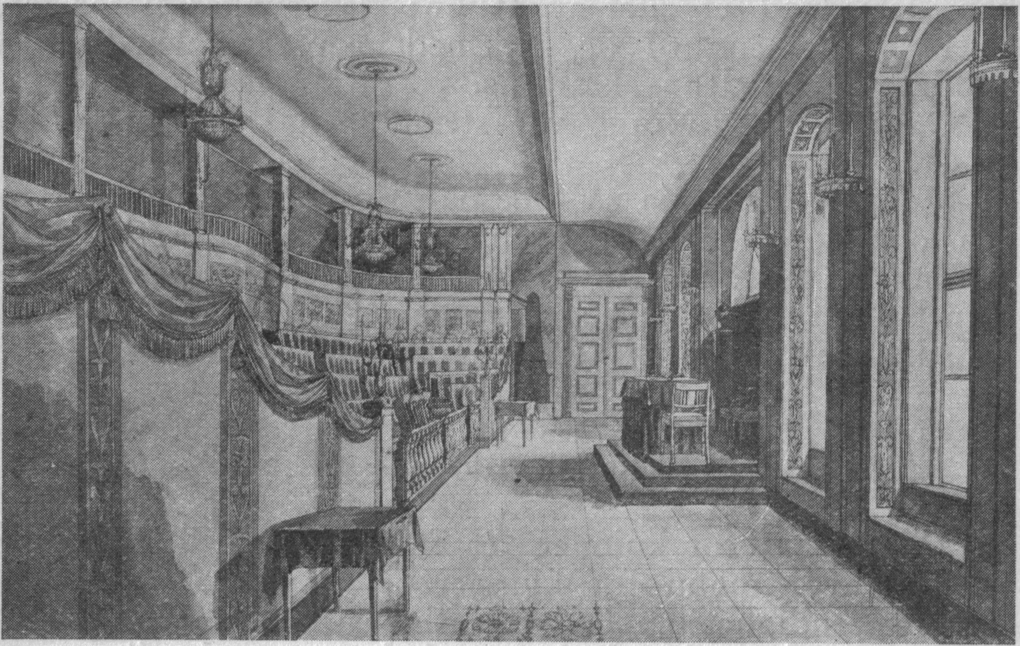 Tegning av den gamle stortingssalen i Christiania Katedralskole.