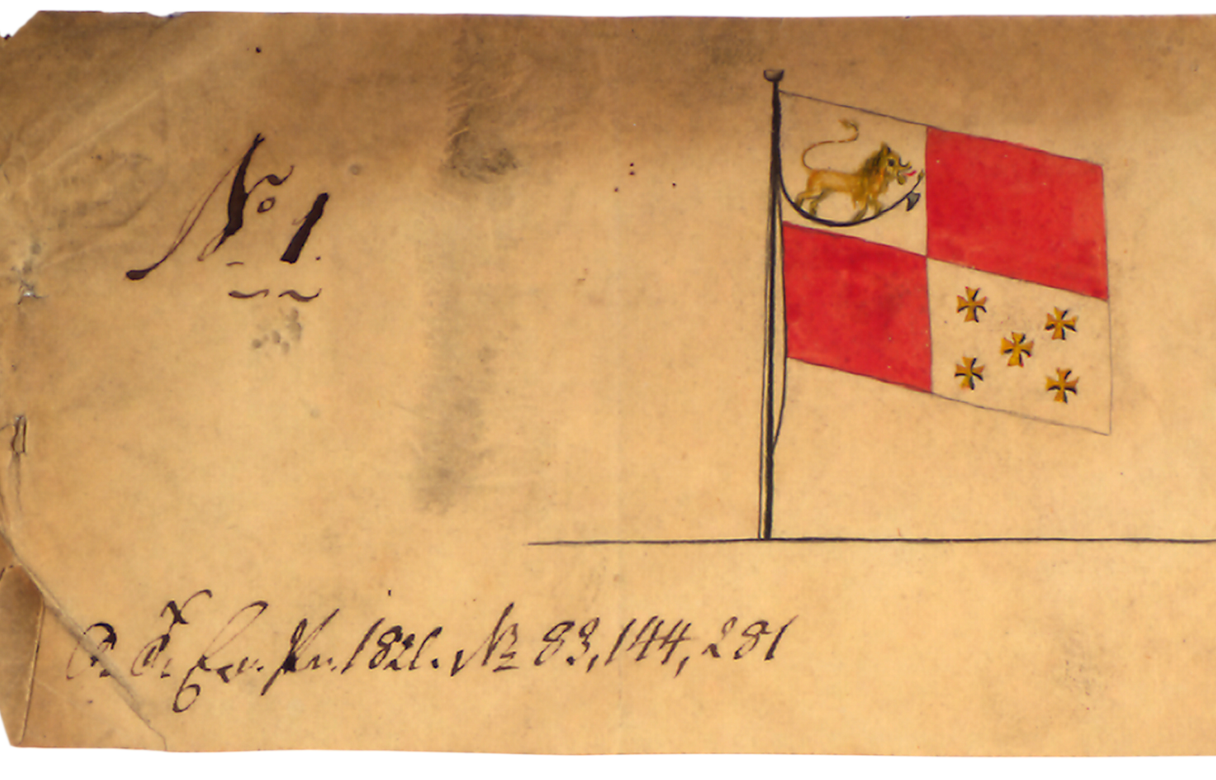 Flagg delt i fire: øverst til venstre er det en tegnet løe, øverst til høyre og nederst til venstre er det en rød rute og nederst til høyre er det fem gullkors