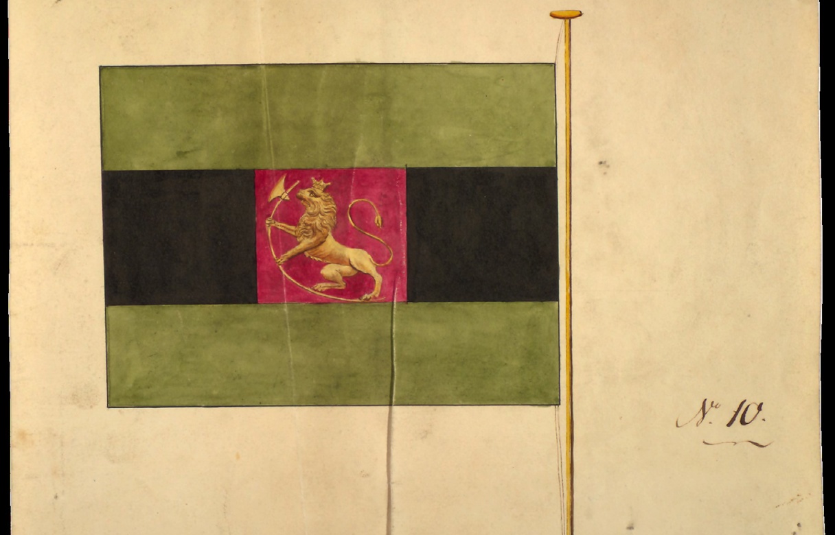 Flagg med grønne felt øverst og nederst, svart i midten med en rødfirkant med en gul løve i midten.