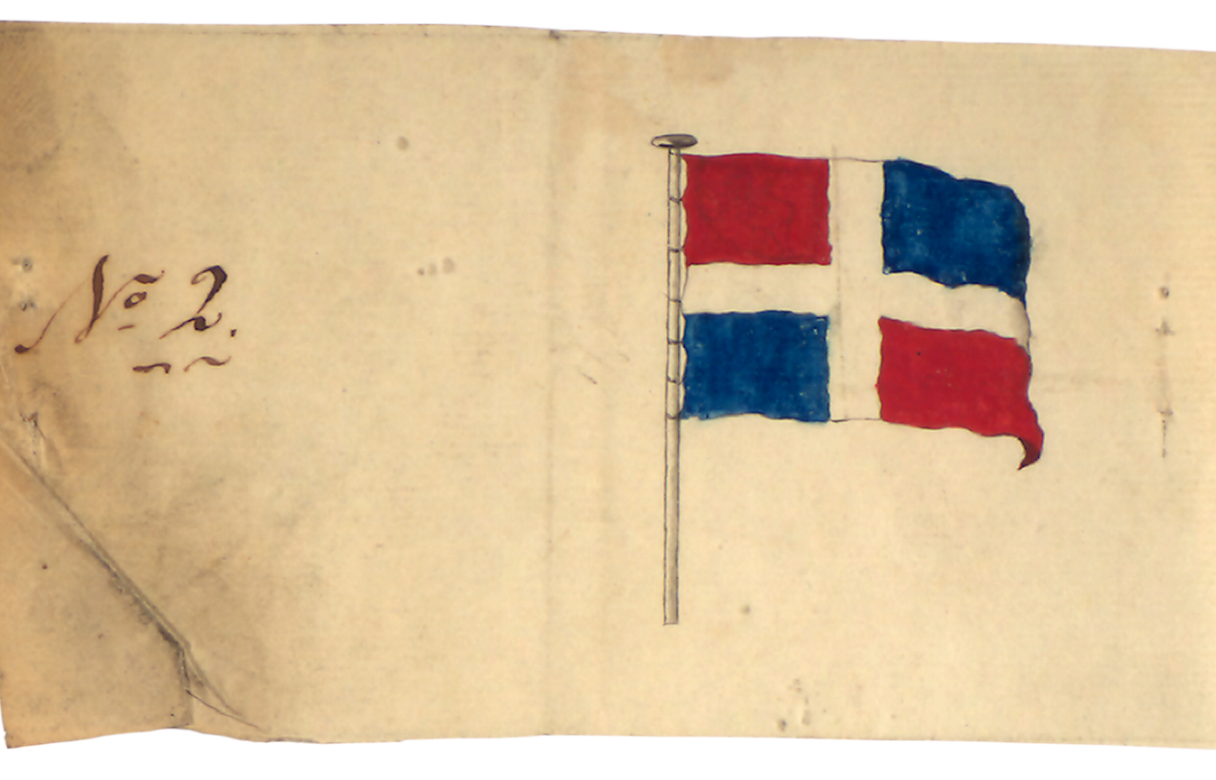 Et flagg med et hvitt kors i midten. Rød firkant øverst til venstre og nederst til høyre. Blå firkant øverst til høyre og nederst til venstre. 