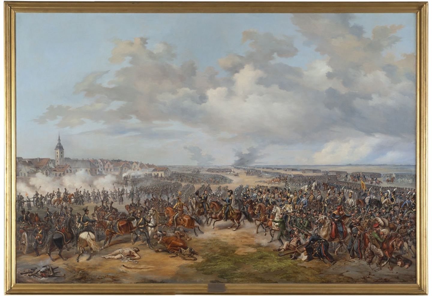 Maleri av et slag på 1800-tallet. Mange soldater, både til hest og til fots.