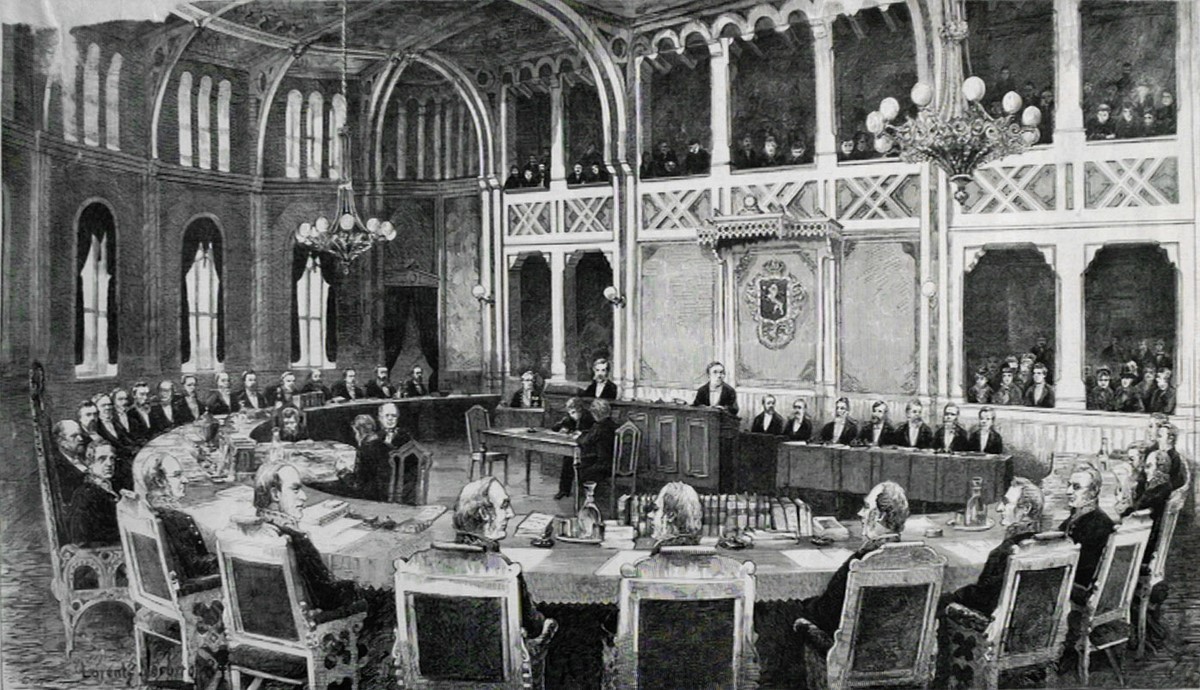 Illustrasjon av riksrettssaken mot Selmer-regjeringen.