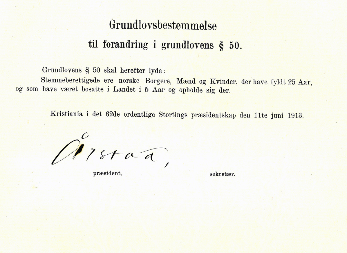 Den 11. juni 1913 vart Grunnlova endra. No stod det at ein med «norske borgarar» meinte både menn og kvinner. 
