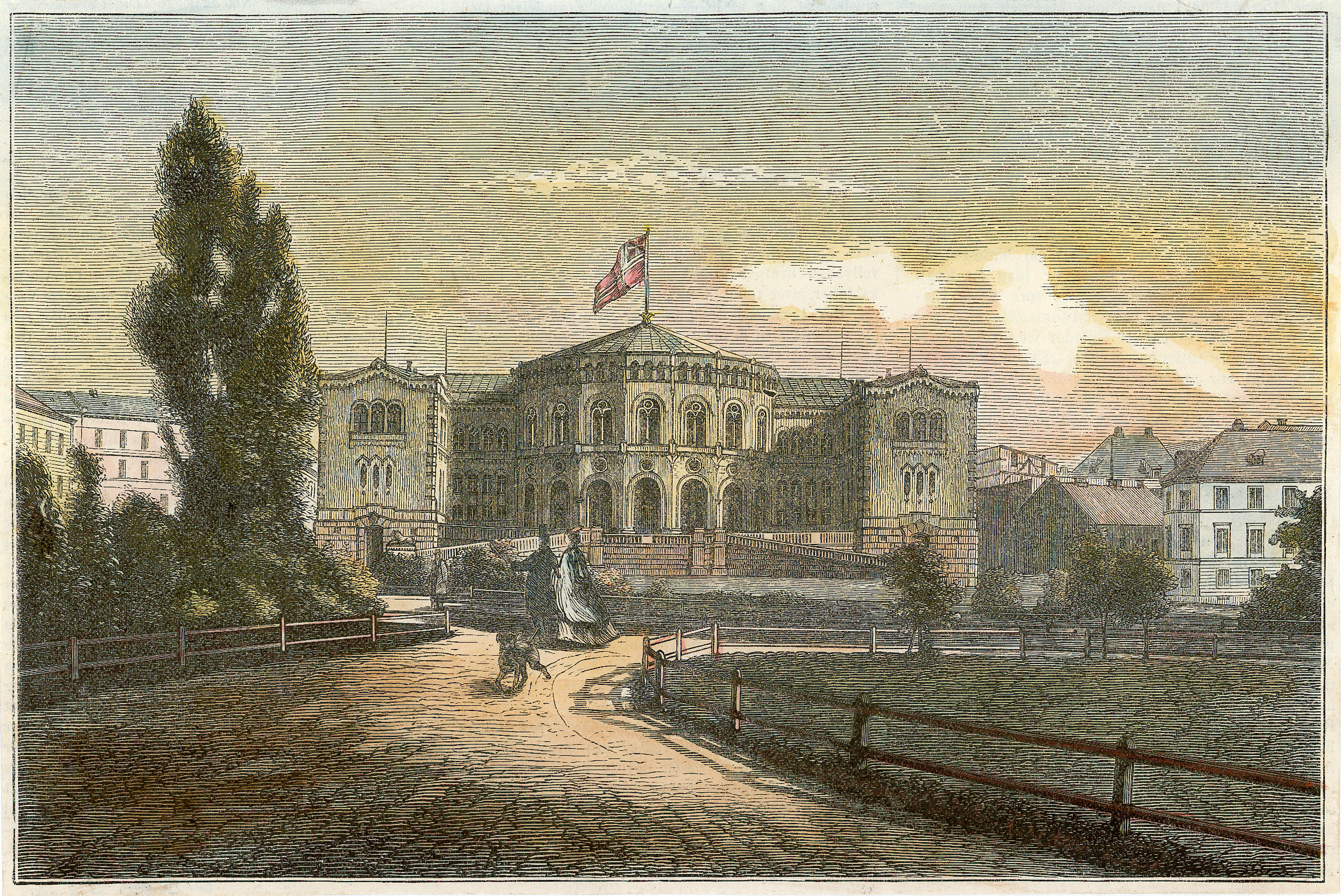 Stortingsbygningen med unionsflagg.