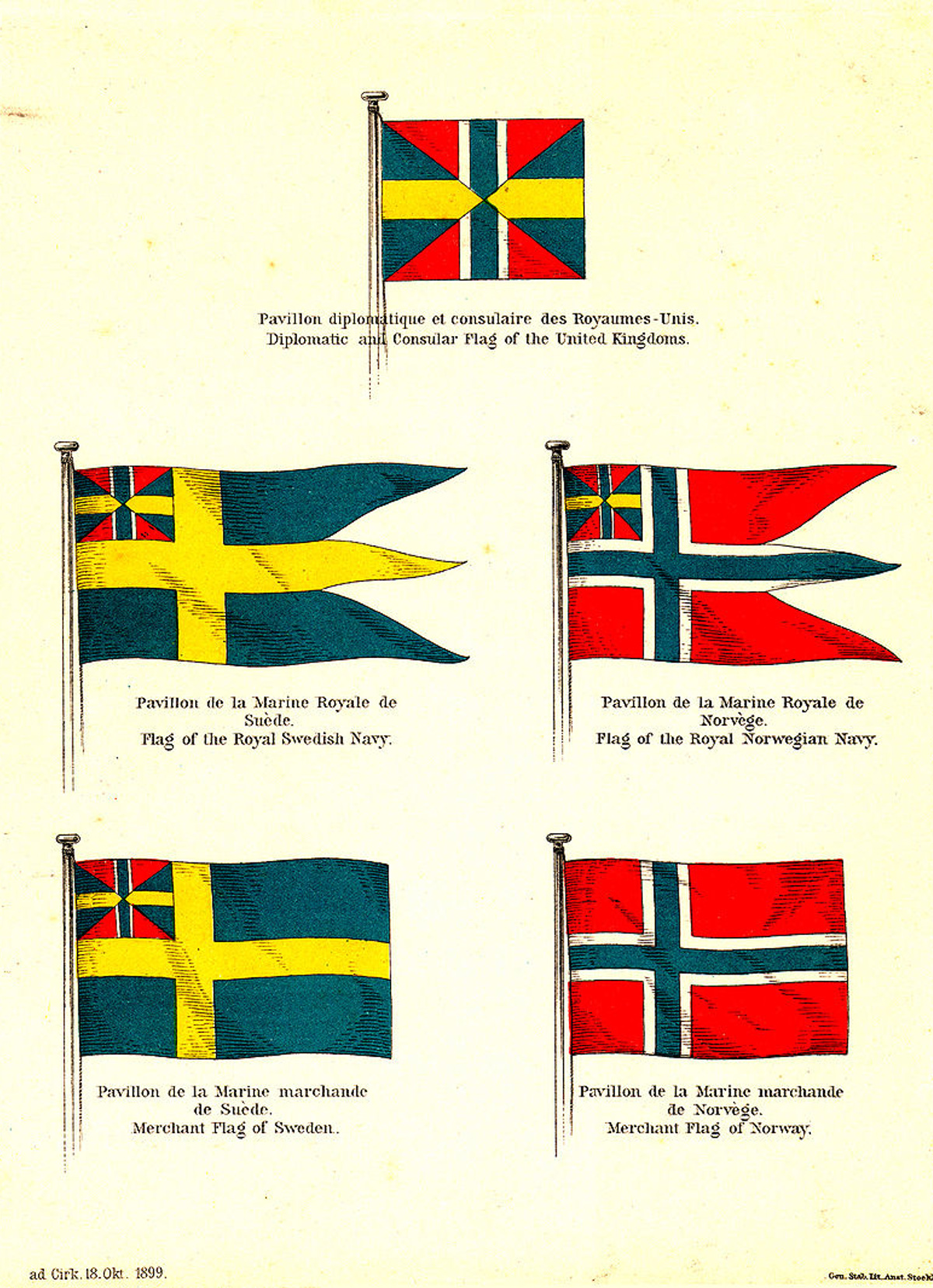 Fem flagg. Det er to varianter av et flagg med fargene rødt, hvitt og blått. Det er to varianter av flagg med fargene blått og gult. Begge har innslag av  farger fra det andre flagget. Et av flaggene er en kombinasjon av begge flaggene, med de samme fargene likt representert.