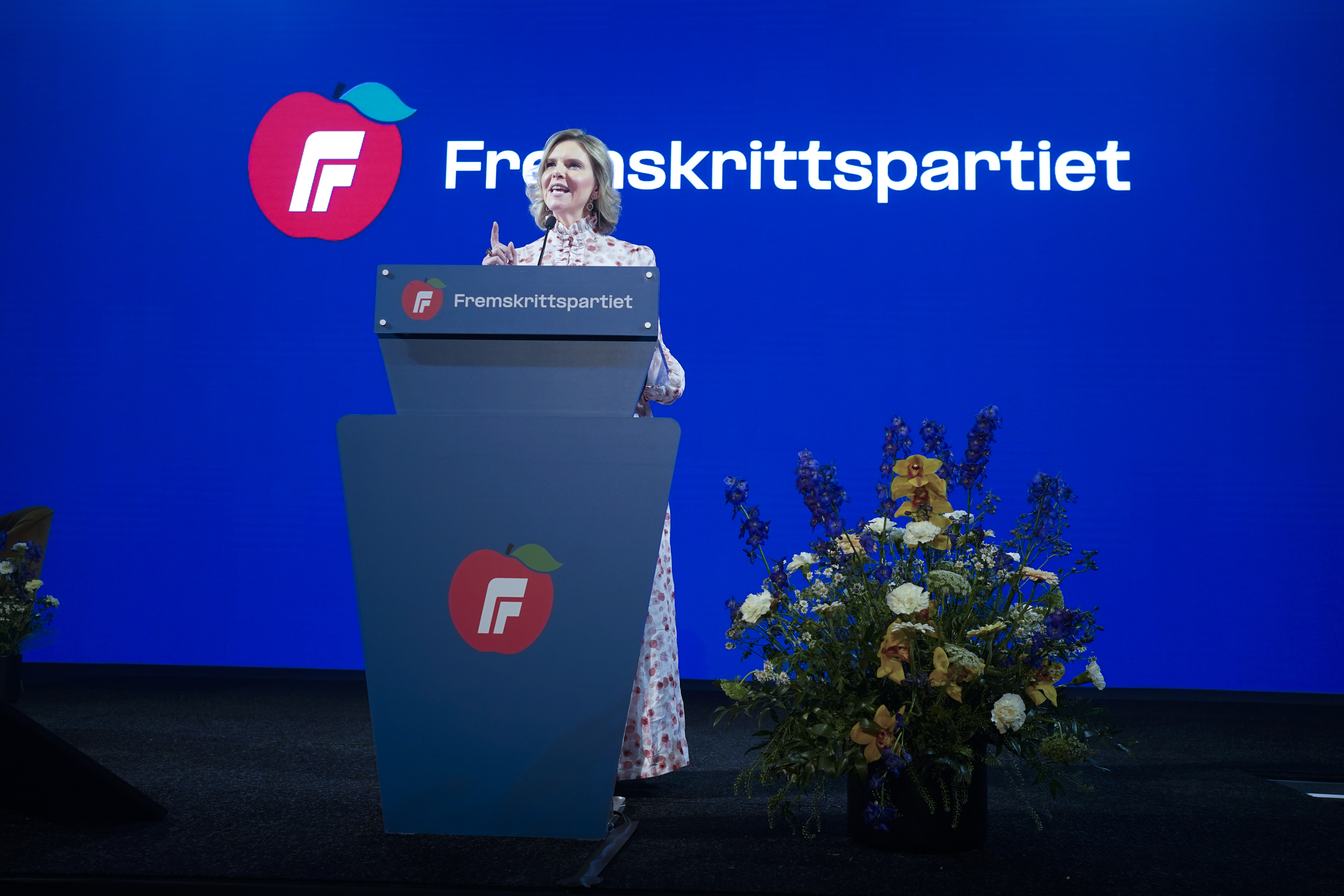Sylvi Listhaug på talerstolen under Frps landsmøte 2023.