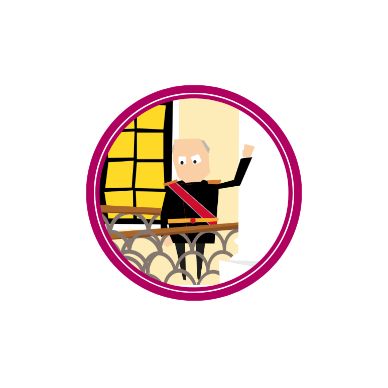 Tegning av kongen som vinker fra slottsbalkongen.