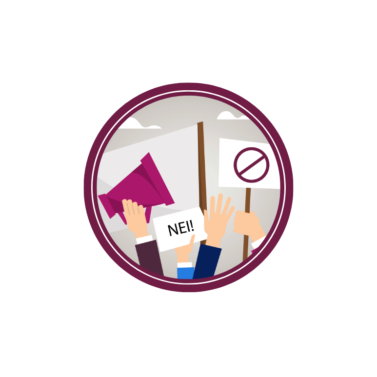 Hender som holder i plakater og ropert. På plakaten står det "nei"