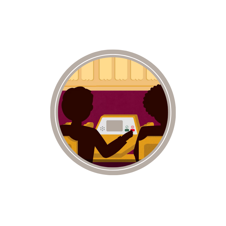 tegning av silhuetten av to personer som trykker på stemmeknapper i stortingssalen.