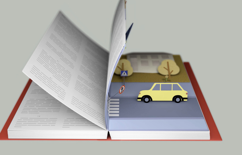 En bok med sider som blafrer. Boken blar over en side med en tegning av en bil og rødt trafikklys
