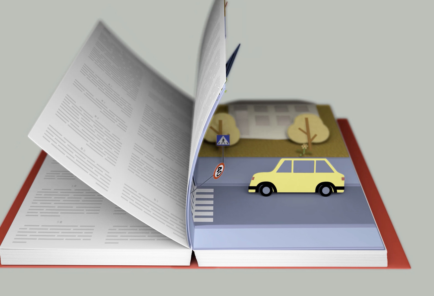 En bok med sider som blafrer. Boken blar over en side med en tegning av en bil og rødt trafikklys