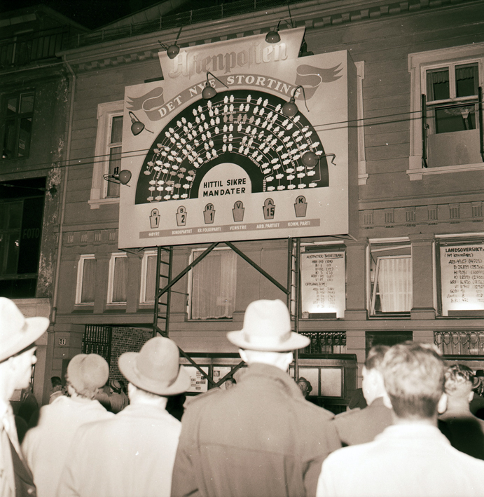 Svart hvitt bilde. En gruppe mennesker står og ser på et skilt der Aftenposten viser valgresultatet.