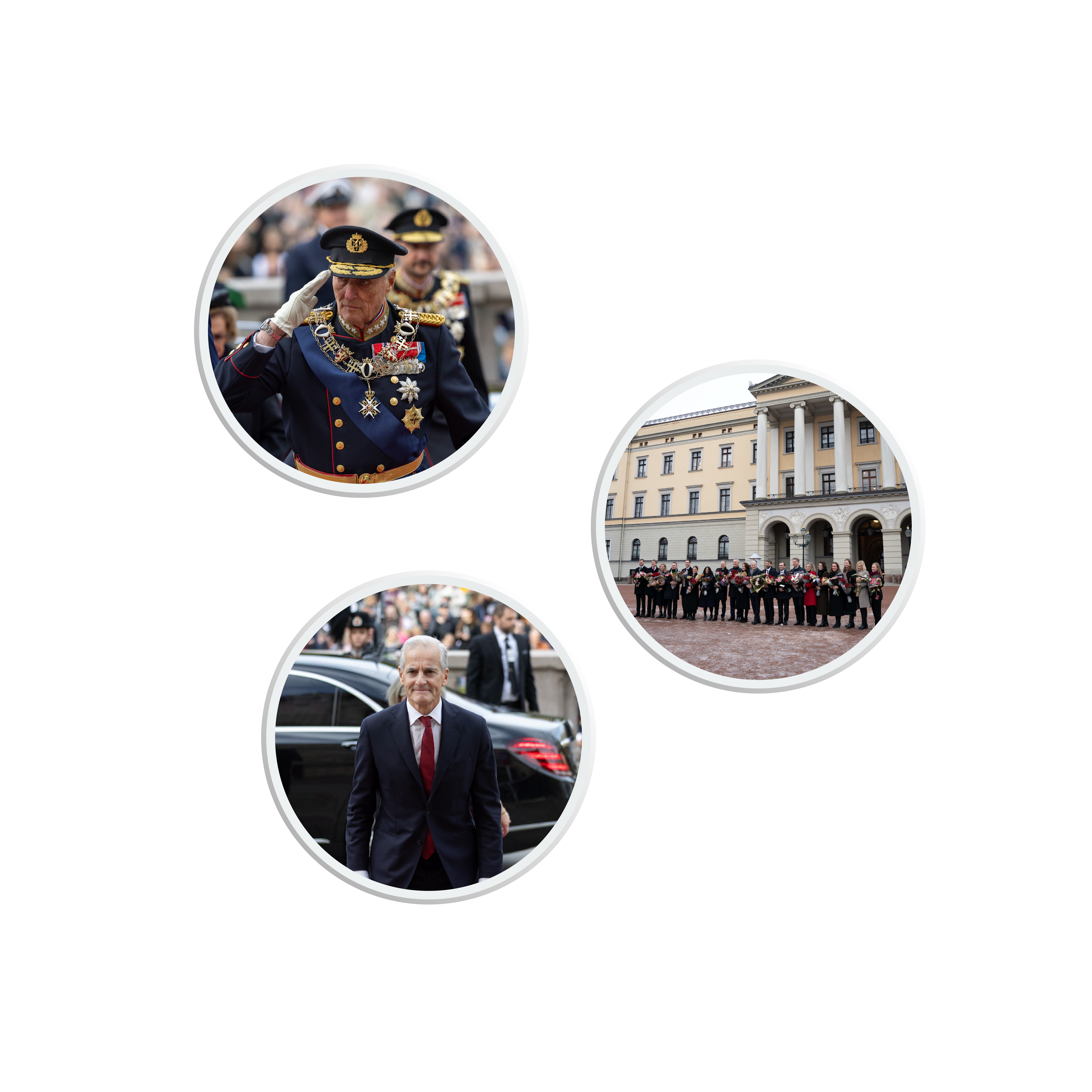Tre bilder: 1. Kong Harald, 2: Regjeringen på Slottsplassen, 3: Jonas Gahr Støre.