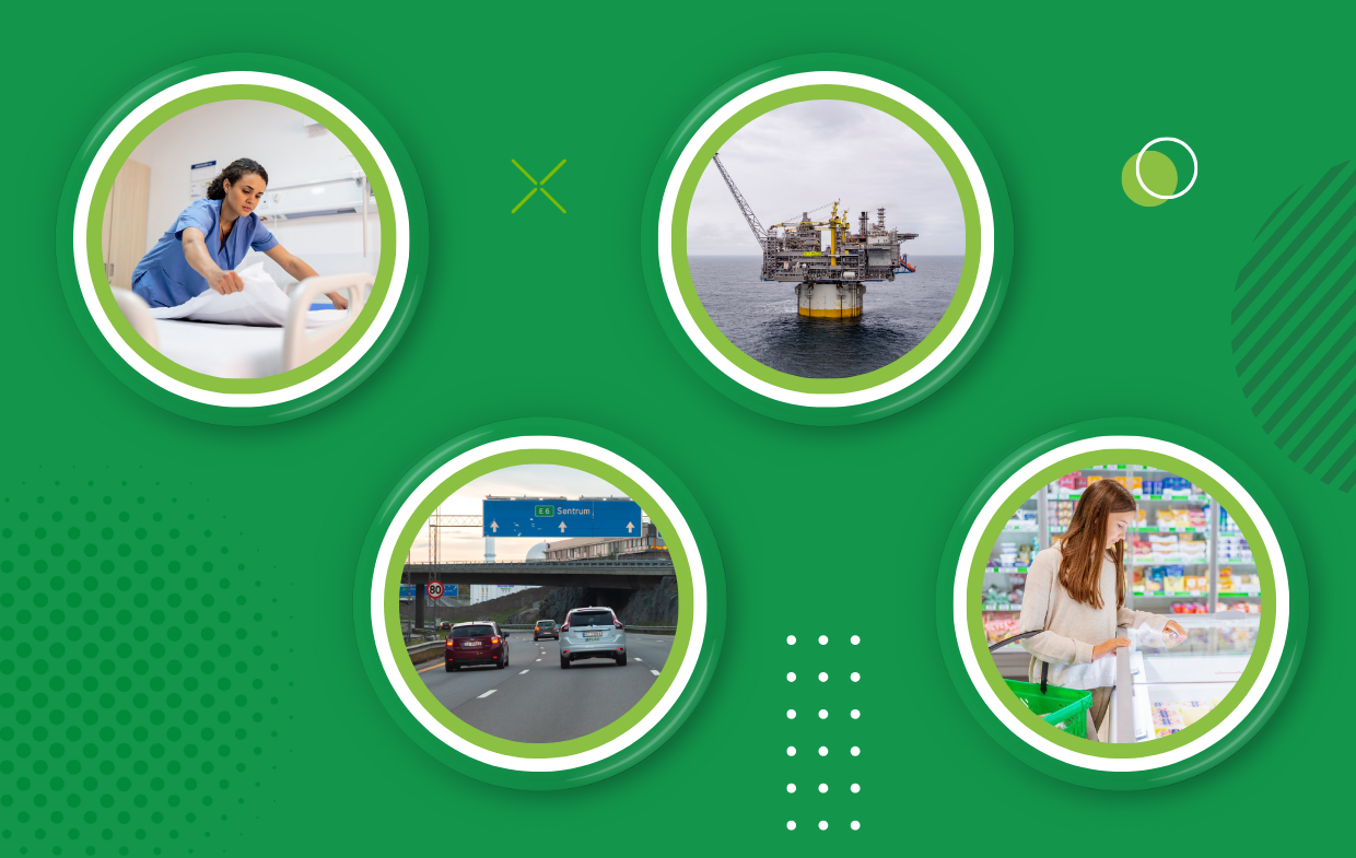 Fire sirkler på grønn bakgrunn. I første sirkel er det bilde av en dame i blå uniform som skifter på en seng. I andre sirkel er det bilde av en oljeplattform. I tredje sirkel er det bilde av to biler som kjører på en vei. I fjerde sirkel er det bilde av en jente som handler med en grønn handlekurv. 