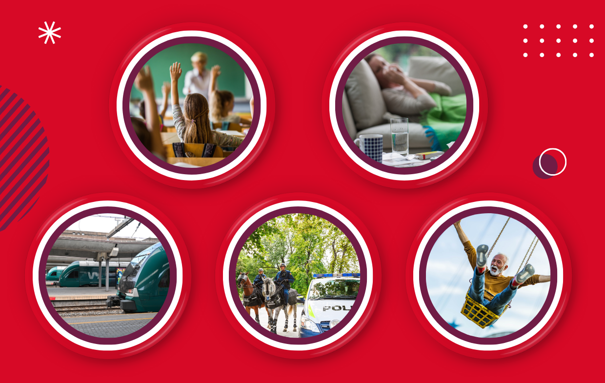 Fem sirkler på rød bakgrunn. I første sirkel er det bilde av en skoleklasse der elevene rekker opp hånda. I andre sirkel er det bilde av en som ligger på sofaen under teppe og snyter seg, I tredje sirkel er det bilde ab tre tog som står på perronger. I fjerde sirkel er det bilde av politihester og en politibil. I femte sirkel er det bilde av en eldre mann som sitter på en tivolihuske. 